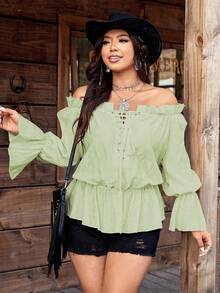 SHEIN LUNE 大码女式休闲度假风格纯色露肩前系带荷叶边袖荷叶边上衣，春秋季