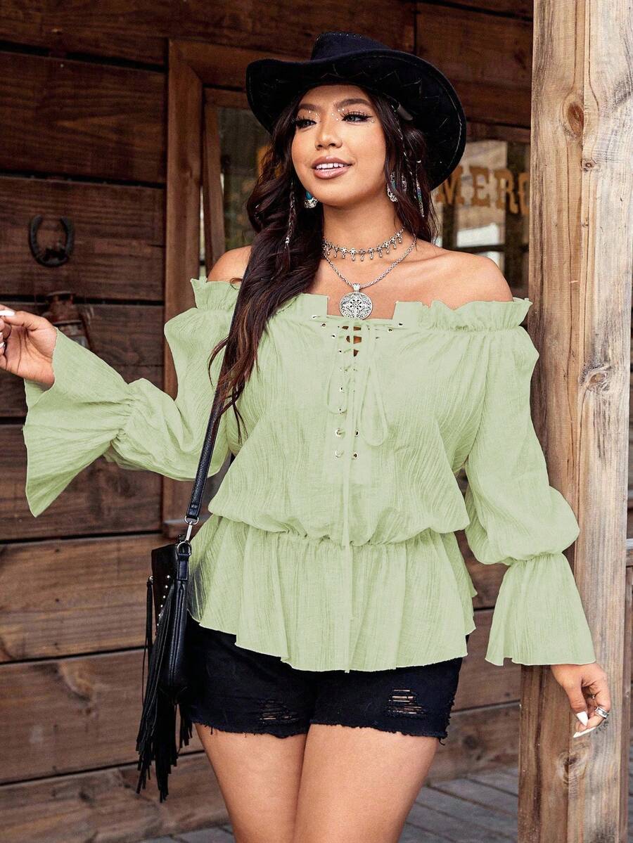 SHEIN LUNE 大码女式休闲度假风格纯色露肩前系带荷叶边袖荷叶边上衣，春秋季