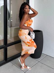 Alexandranx Váy bodycon ống in hoa cho ngày lễ thanh lịch theo phong cách Hawaii không lưng mùa hè - Màu Cam cháy - Xem 5