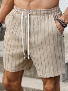 Manfinity Homme Plus Size Men's Casual Striped Print Drawstring Waist Slant Pocket Loose Shorts, Suitable For Daily Commute In Summer