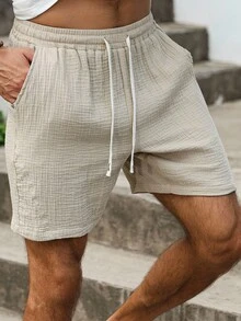 Manfinity Homme Plus Size Men's Solid Color Cotton Drawstring Waist Pocket Casual Shorts