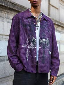 ROMWE MEN Style Turndown Collar Gothic Long Sleeve Loose Fit Men's Shirt, For Fall - Purple - View 3