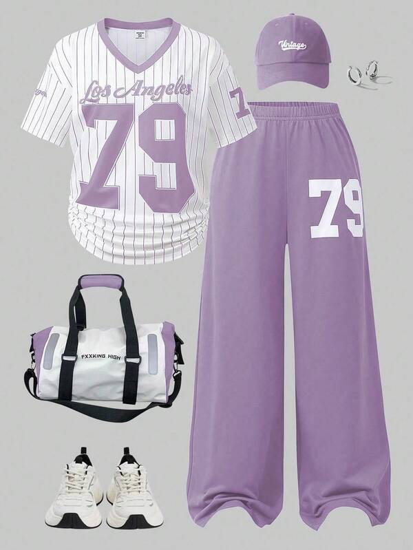 SHEIN 2pcs/Set Casual & Fashionable Teen GirlNumber Graphic V-Neck Short Sleeve Top And Wide Leg Sweatpants Set