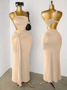 Mistrie 女式纯色无袖腰部镂空褶饰紧身连衣裙 - 卡其色 - 查看 1