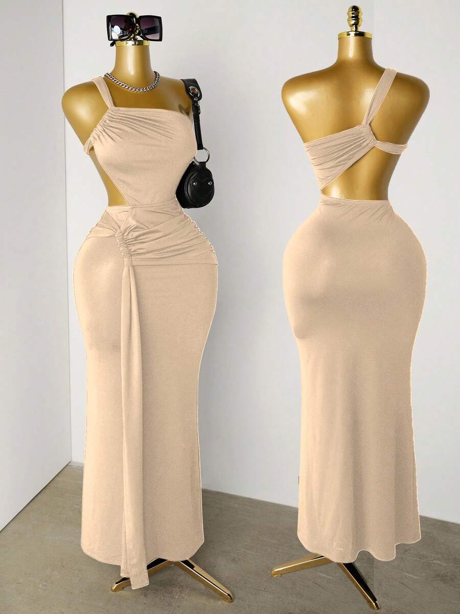 Mistrie 女式纯色无袖腰部镂空褶饰紧身连衣裙 - 卡其色 - 查看 1