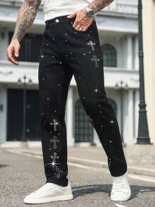 Manfinity LEGND 男士街头时尚十字水钻装饰口袋牛仔裤 - 黑色 - 查看 4