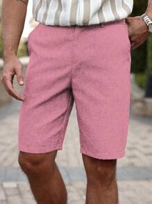 Manfinity RSRT 男士休闲斜口袋短裤亚麻短裤宽松过膝凉快吉利纯色夏季基本款男粉色短裤夏季短裤男士度假服男短裤粉色短裤