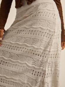 SHEIN VCAY Váy midi dệt kim dáng rộng màu trơn thiết kế khoét lỗ cạp chun thường ngày cho nữ cỡ lớn, quần áo thu đông cho nữ - Màu be - Xem 2