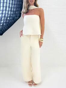 AiiRZ 晚会婚礼宾客两件套套装抹胸式露背上衣阔腿阔腿裤夏季特殊场合优雅服装 - 杏色 - 查看 6