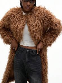 Aveloria Affinna معطف نسائي بياقة مستديرة وأكمام طويلة وأمام مفتوح من الفرو الاصطناعي، للخريف والشتاء