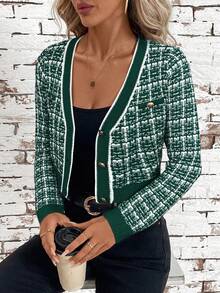 SHEIN Clasi Cárdigan corto ajustado y ligero con ribete de contraste elegante para mujeres, ropa de otoño e invierno