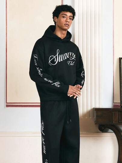 SWAVVY 男士标准尺码黑色字母印花套头卫衣和裤子休闲运动套装，秋冬服装，两件套