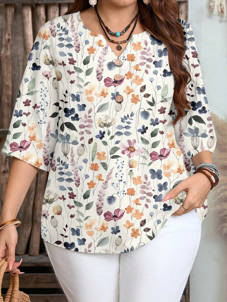 EMERY ROSE Ditsy Floral, Vintage Casual Minimalist Plus Size Shirt, Suitable For Autumn Chic Blouses Women,Fall Clothes Women,Flower/Spring/Summer/Vacation - Multicolor - View 1