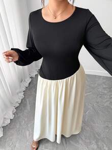 Elenzga Plus Size Elegant Color Block Lantern Sleeve Swing Dress, Autumn Fall Cloth For Women - Multicolor - View 6