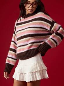 MISSGUIDED Striped Fuzzy Knit Winter Sweater Jumper Mock Neck Preppy Style Hairy Long Sleeve Color Block Pink Brown Chunky Pullover Fall Fashion Knitwear