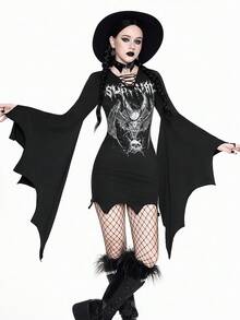 ROMWE Goth Rochie de Halloween cu imprimeu floral, stil gotic, culoare solidă, casual, la modă, cu mâneci evazate, decolteu în V, cu nod, model aripi de liliac, mulată, pentru femei - Negru - Vizualizare 7