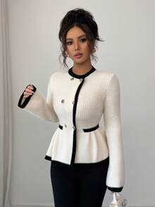 Selianne Women's Elegant Round Neck Front Button Design Contrast Color Sweater Fall Winter Cloth For Women - Black and White - View 8