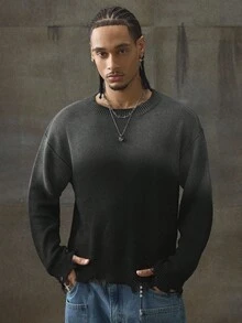 AXEPEAK Men's Casual Numeric Pattern Round Neck Drop Shoulder Long Sleeve Sweater, Autumn, For Fall Winter - Black - View 4