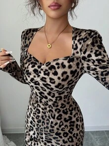 Elenzga 随机豹纹针织弹力复古优雅修身方领长泡泡袖腰部收紧美人鱼连衣裙，带褶饰设计 - 棕色 - 查看 7