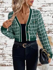 SHEIN Clasi Cárdigan corto ajustado y ligero con ribete de contraste elegante para mujeres, ropa de otoño e invierno