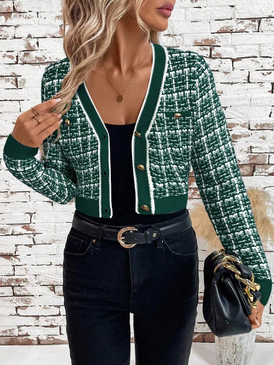 SHEIN Clasi Cárdigan corto ajustado y ligero con ribete de contraste elegante para mujeres, ropa de otoño e invierno