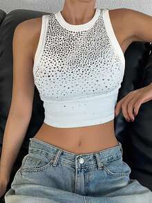 INAWLY 女士水钻图案圆领修身短款背心 - 白色 - 查看 1