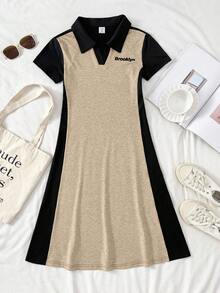 Tween Girls' Casual Vacation Black & Grey Patchwork Knit Polo Collar Short Sleeve Letter Print Midi Dress - Khaki - View 1