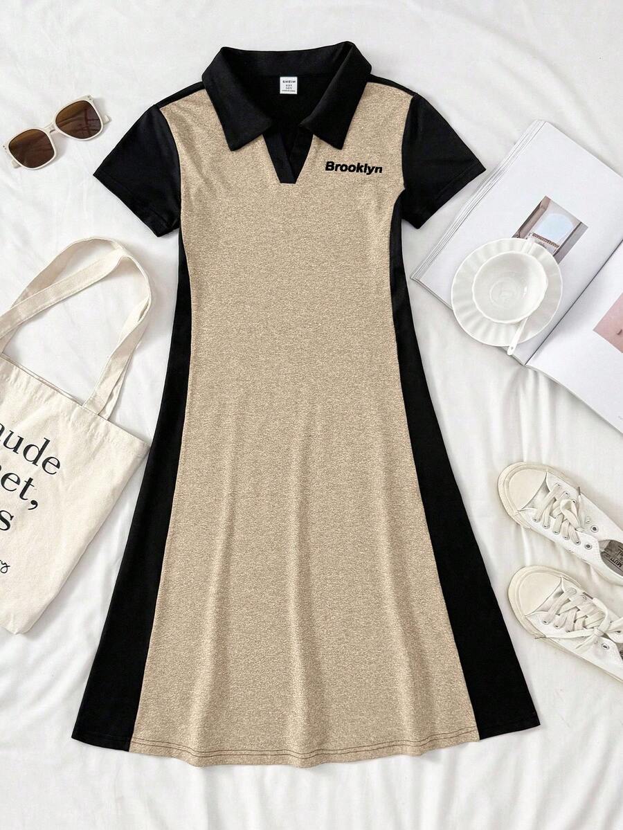 Tween Girls' Casual Vacation Black & Grey Patchwork Knit Polo Collar Short Sleeve Letter Print Midi Dress - Khaki - View 1