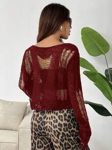 SHEIN EZwear 休闲不对称破洞女式毛衣 - 酒紅色 - 查看 2