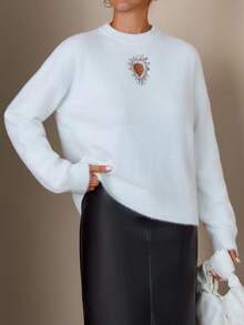 EURMUSE Damen Unifarben Pullover mit Rundhalsausschnitt und Strasssteinen, Drop-Shoulder