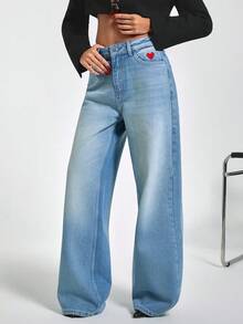 EURMUSE Hıgh Waist Embroidery Detailed Wideleg Jean - Light Wash - View 1