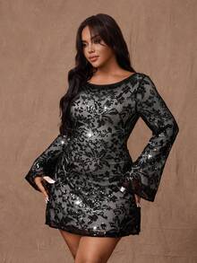 Rustia Women's Plus Size Backless Sequin Mini Dress,Elegant Black Autumn Night Out Club Clothing,Birthday Party Evening Dress,Wedding Guest Gown - Black - View 6