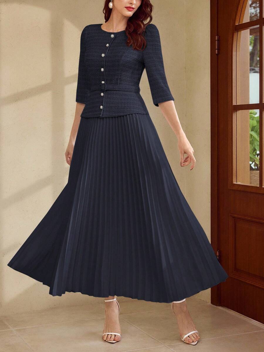 Vintamour 复古经典优雅女士连衣裙，春夏修身提花针织褶裥连衣裙，七分袖连衣裙，白色超长连衣裙，秋季服装，优雅女士连衣裙，女士正式连衣裙，女士夏季长裙，女士连衣裙，秋冬新年连衣裙，新年女士服装 - 藏蓝色 - 查看 1