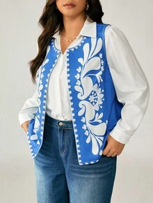 EMERY ROSE Plus Size Casual Textured Fabric Printed Jacket - Blue - View 5