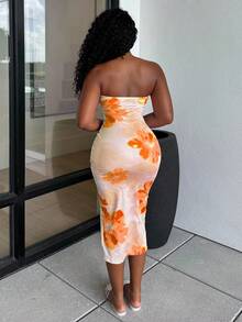 Alexandranx Váy bodycon ống in hoa cho ngày lễ thanh lịch theo phong cách Hawaii không lưng mùa hè - Màu Cam cháy - Xem 2