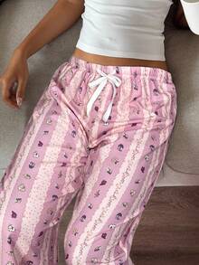 Aloruh New Romantic Striped Bubble Wrinkle Print Cute Cartoon Comfortable Versatile Pants - Violet Purple - View 4