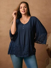 Rosumi 大码女装优雅休闲V领褶皱撞色蕾丝喇叭袖宽松优雅衬衫蓝色大码上衣大码波西米亚风上衣女装秋季服装大码秋季上衣女装波西米亚风服装 - 藏蓝色 - 查看 1