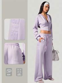 Fluxe 女士休闲纯色针织宽松阔腿运动裤 - 淡紫色 - 查看 3