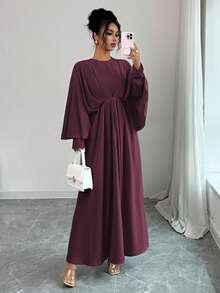 Elenzga 女士优雅简约高端休闲连衣裙，适合办公室、通勤、海滩、音乐节、下午茶、德比、帆船赛，纯色圆领二合一腰部荷叶边褶皱蝙蝠袖 A 字长裙，春夏秋季女士服装 - 紫紅色 - 查看 6