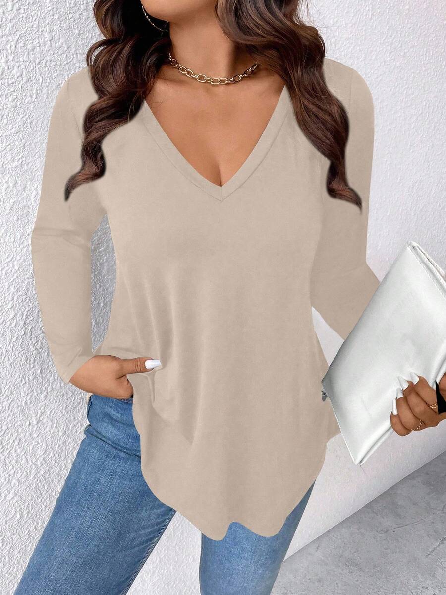 EMERY ROSE Plus Size Solid V-Neck Long Sleeve Casual T-Shirt For Spring - Khaki - View 1