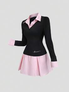 Sweetra Vintage American Preppy Style Contrast Color Long Sleeve 2 In 1 Fitted Dress, Autumn - Multicolor - View 4