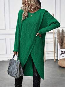 EMERY ROSE Áo len trơn màu trơn viền bất đối xứng cho nữ, áo len thu đông cho nữ, váy len màu xanh ngọc lục bảo, áo len cardigan màu xanh lá cây cho nữ - màu xanh lá - Xem 3