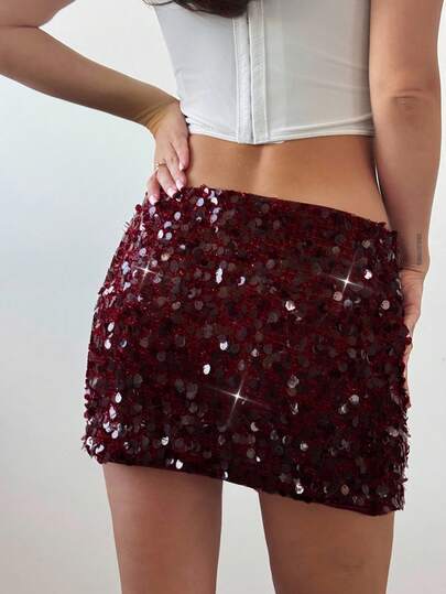 Firerie Minifalda de mujer de cintura baja con bordado de lentejuelas en color morado berenjena, adecuada para vacaciones de verano, fiestas sexys, festivales de música, bailes y uso diario