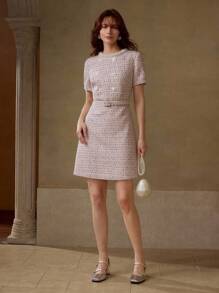 MOTF PREMIUM TWEED FAUX PEARL TRIM DRESS - Pink - View 2