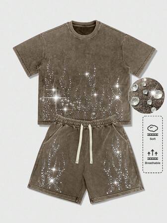 Street Life Men's Summer Fashion Flame Rhinestone T-Shirt And Shorts Set