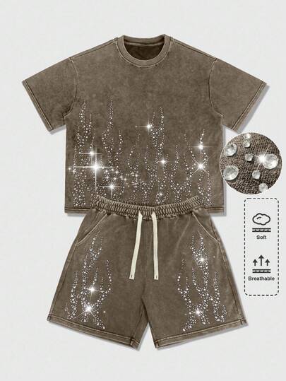 Street Life Men's Summer Fashion Flame Rhinestone T-Shirt And Shorts Set