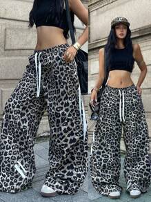 Coolane 女士夏季和秋季街头服饰外出工装街头服饰豹纹图案宽织带裤 - 彩色 - 查看 3