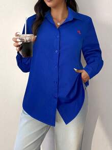 SHEIN EZwear 大码女式纯色蓝色前扣休闲衬衫，时尚百搭，春秋季 - 藏蓝色 - 查看 3