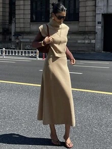 DAZY Women's Casual Solid Color Turtleneck Sweater Vest & Skirt 2-Piece Set, Autumn