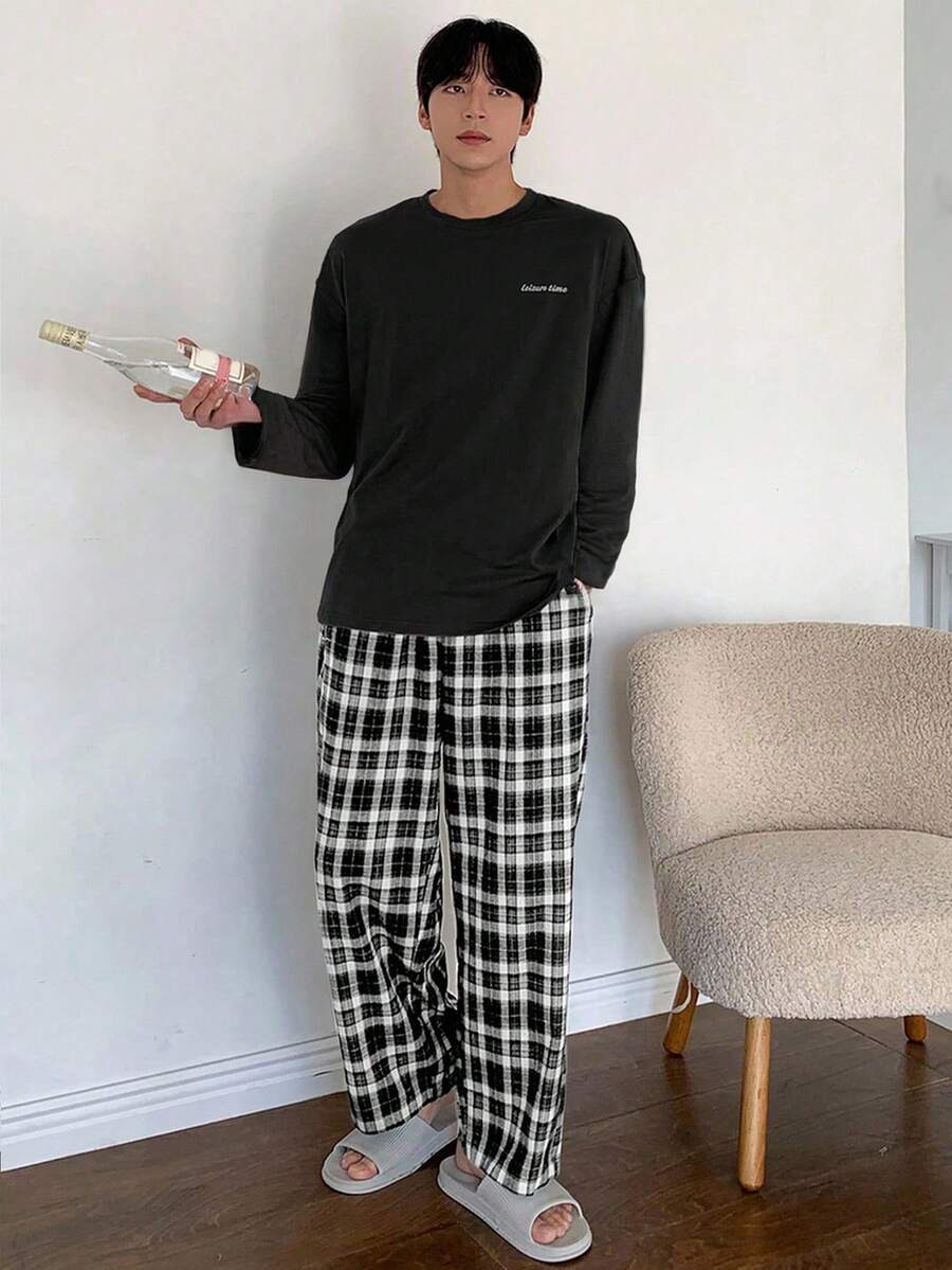 DAZY 男士字母印花T恤和格子裤睡衣套装，秋季、秋冬季服装 - 黑色 - 查看 1